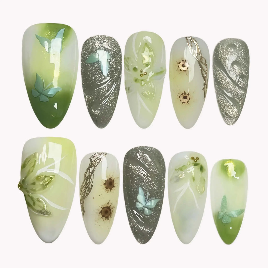 Enchanted Forest Mist Press-On Nails | Almond Stiletto | Sage Green Butterfly Dried Flower Botanical | LuxepressCo