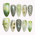 Enchanted Forest Mist Press-On Nails | Almond Stiletto | Sage Green Butterfly Dried Flower Botanical | LuxepressCo