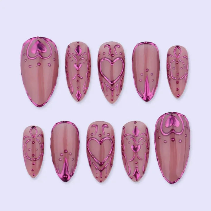 Pink Chrome Heart Coquette Almond Press-On Nails | Custom Press-On Nails