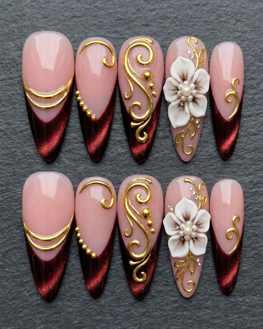 Burgundy Gold 3D Floral Press-On Nails | Rhinestone Pearl Chrome | Custom Press-On Nails | LuxepressCo