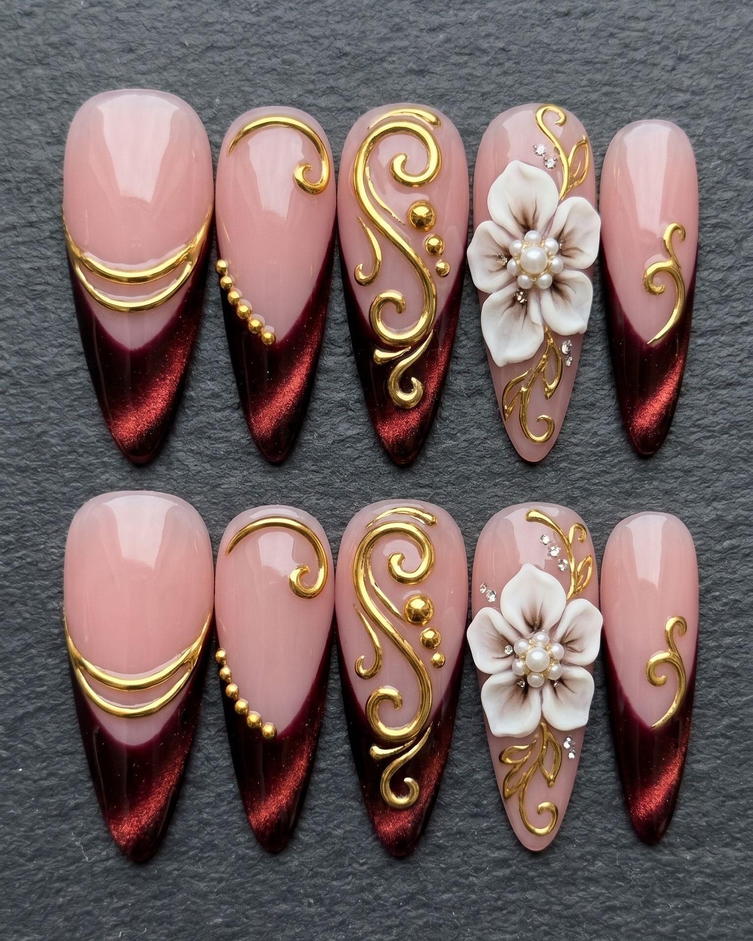 Burgundy Gold 3D Floral Press-On Nails | Rhinestone Pearl Chrome | Custom Press-On Nails | LuxepressCo