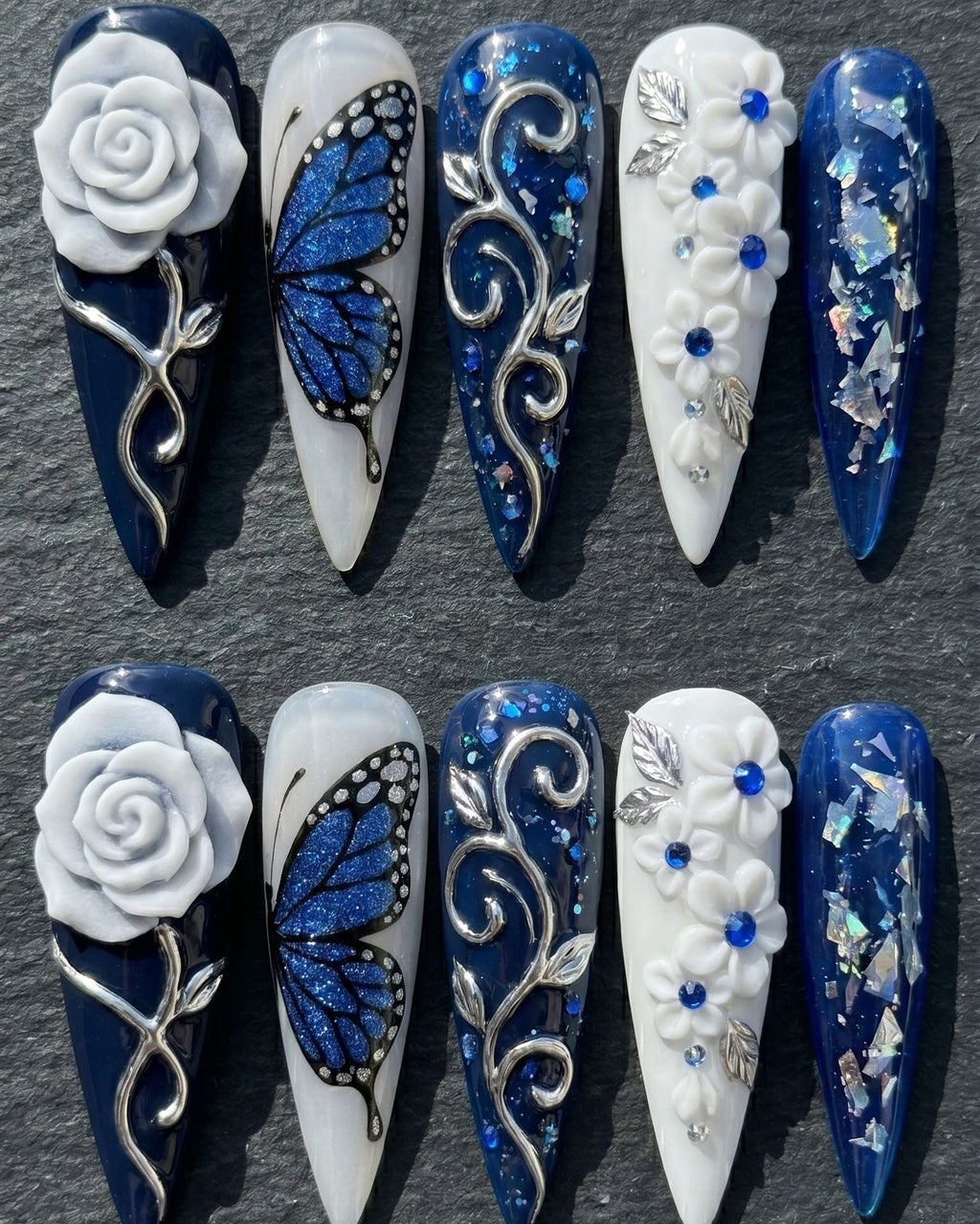 3D Rose & Butterfly Press-On Nails | Navy Blue Floral Stiletto | Custom Press-On Nails | LuxepressCo