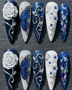 3D Rose & Butterfly Press-On Nails | Navy Blue Floral Stiletto | Custom Press-On Nails | LuxepressCo