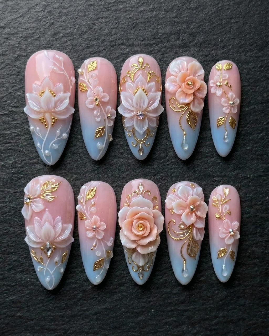 3D Floral & Gold Leaf Press-On Nails | Blush Pink Blue Ombre | Custom Press-On Nails