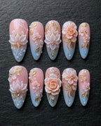 3D Floral & Gold Leaf Press-On Nails | Blush Pink Blue Ombre | Custom Press-On Nails