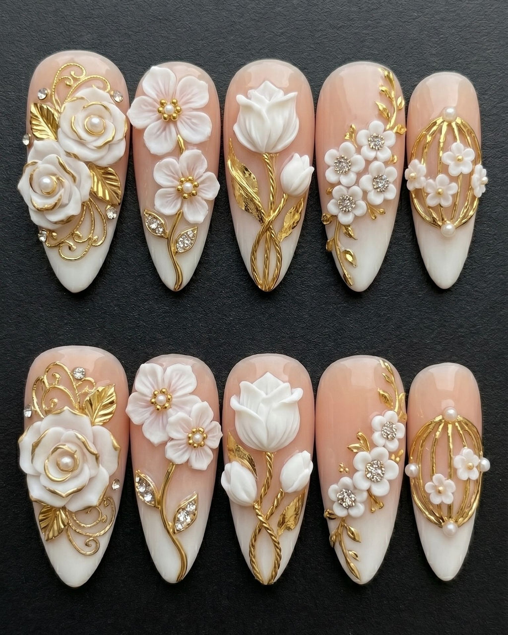 3D White Floral & Gold Press-On Nails | Bridal Luxury Almond Nails | Custom Press-On Nails