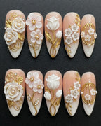 3D White Floral & Gold Press-On Nails | Bridal Luxury Almond Nails | Custom Press-On Nails