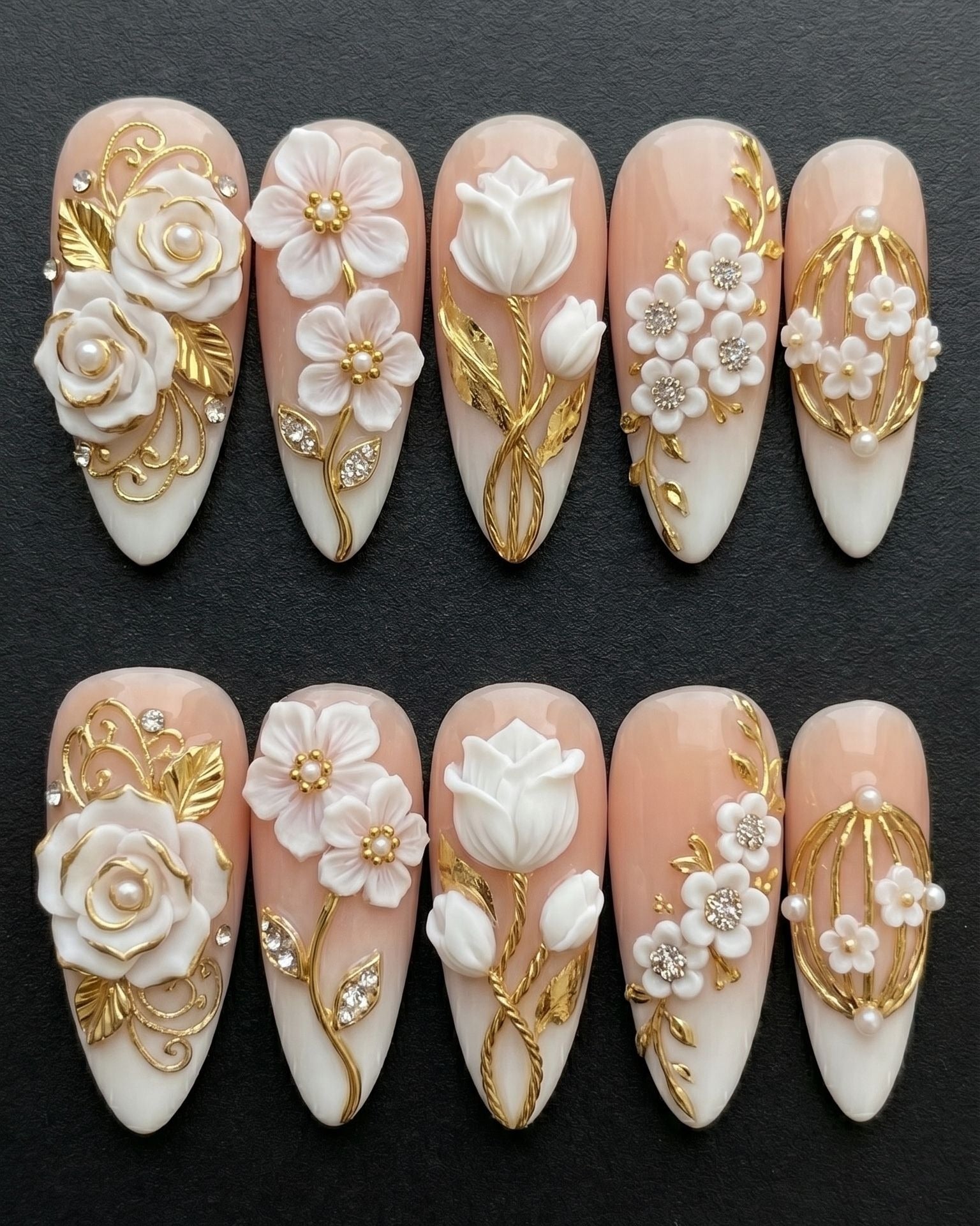 3D White Floral & Gold Press-On Nails | Bridal Luxury Almond Nails | Custom Press-On Nails