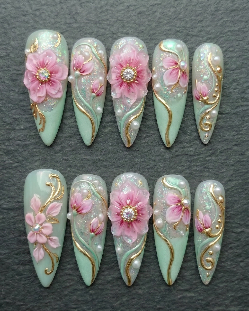 3D Cherry Blossom Press-On Nails | Mint Green Floral Stiletto | Gold Foil Pearl Rhinestone | Custom Press-On Nails — LuxepressCo