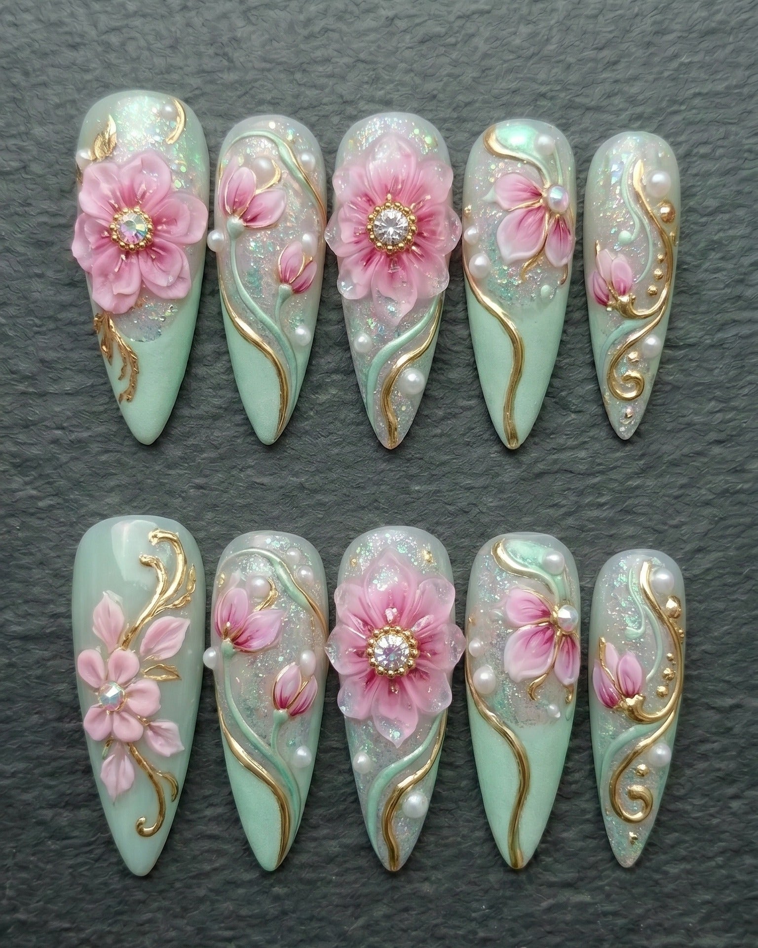 3D Cherry Blossom Press-On Nails | Mint Green Floral Stiletto | Gold Foil Pearl Rhinestone | Custom Press-On Nails — LuxepressCo