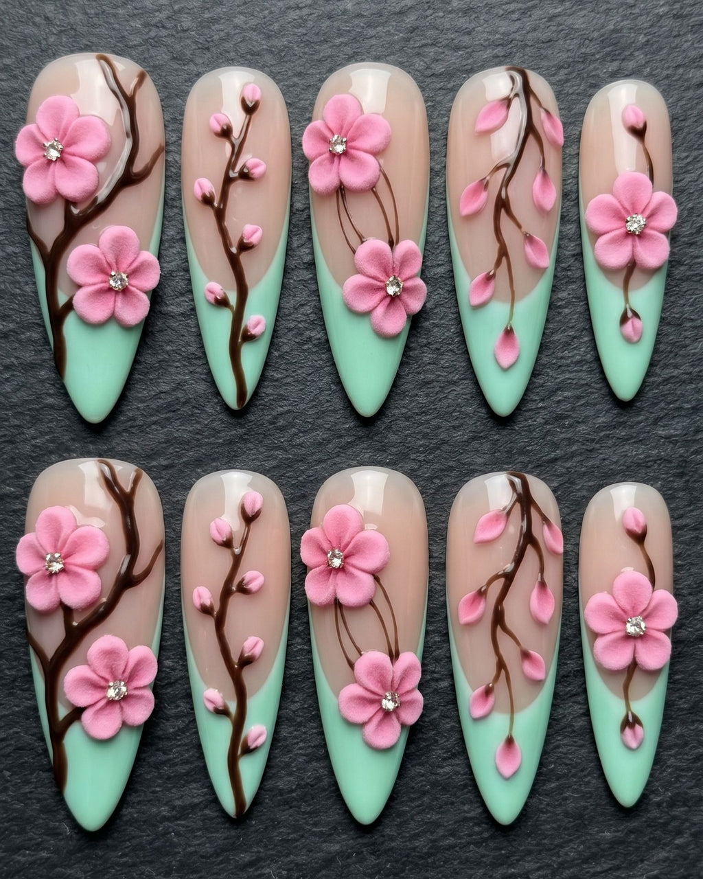 3D Cherry Blossom Press-On Nails | Sakura Floral Almond Nails | Custom Press-On Nails — LuxepressCo
