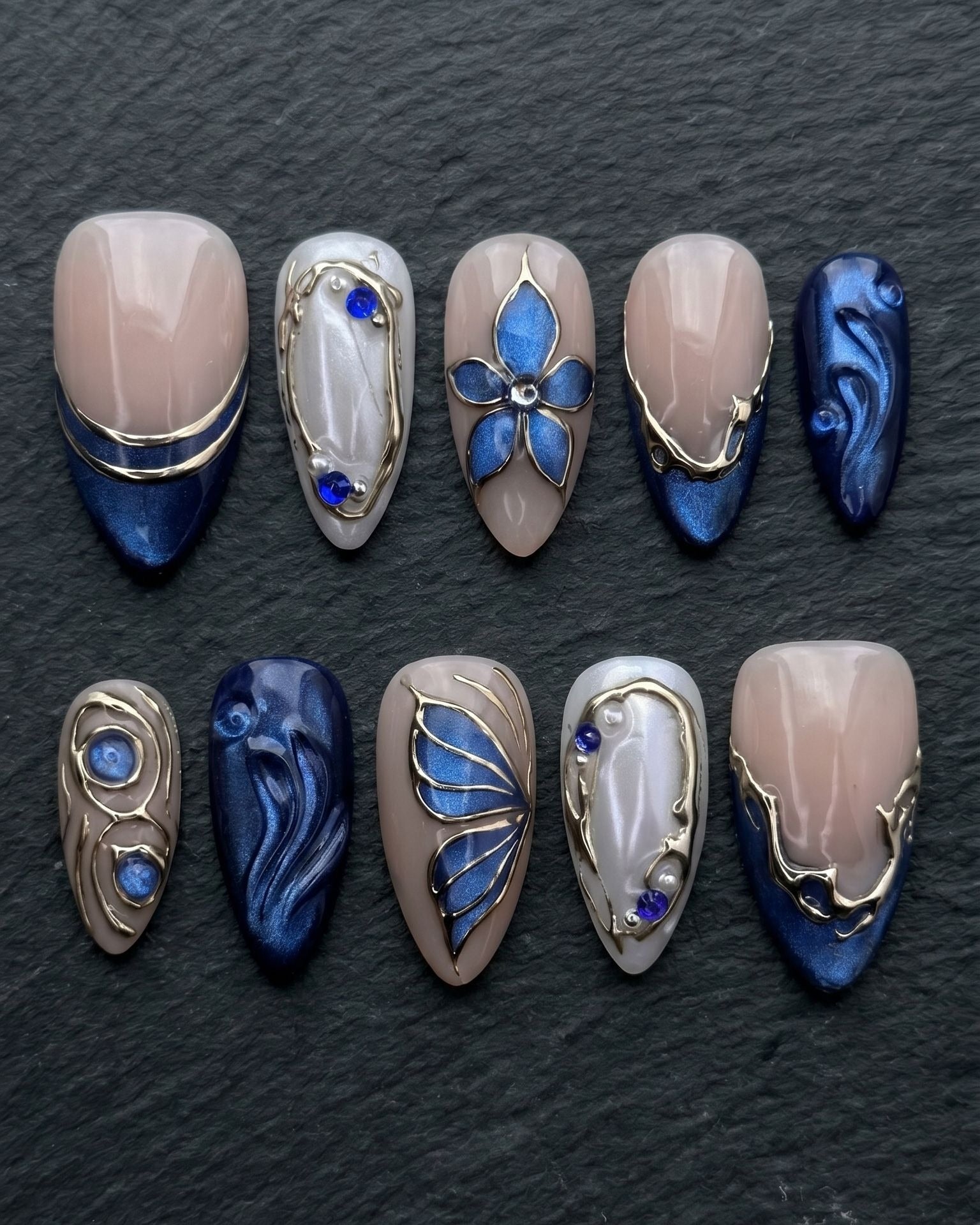 Royal Blue Butterfly & 3D Flower Press-On Nails | Gold Chrome Wire Art | Custom Press-On Nails — LuxepressCo