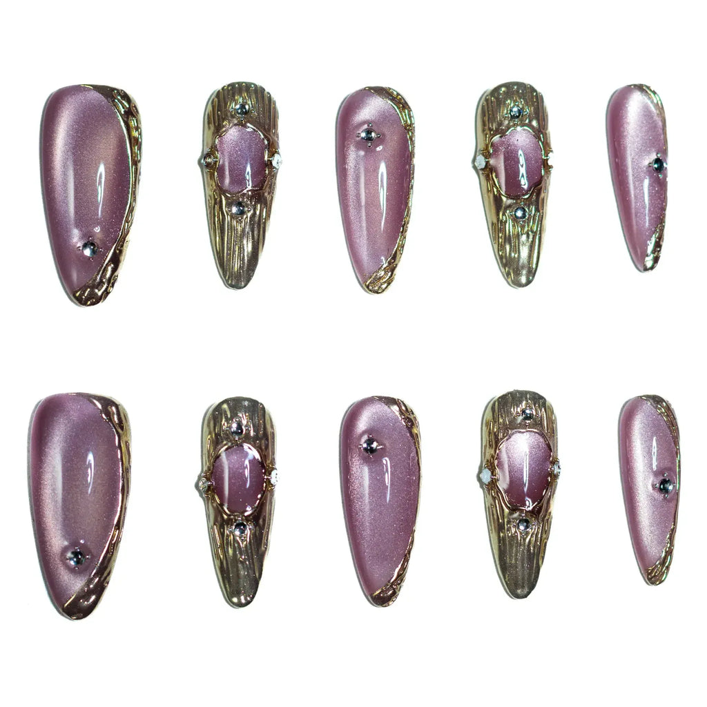 Amethyst Armour Press-On Nails | Stiletto Long | Cat Eye Mauve Gold Byzantine Frame | LuxepressCo
