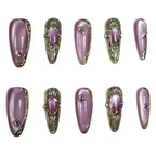 Amethyst Armour Press-On Nails | Stiletto Long | Cat Eye Mauve Gold Byzantine Frame | LuxepressCo