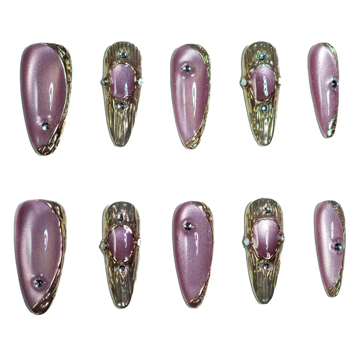 Amethyst Armour Press-On Nails | Stiletto Long | Cat Eye Mauve Gold Byzantine Frame | LuxepressCo