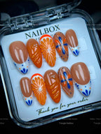 Mediterranean Citrus Fiesta Press-On Nails | Almond | Orange Slice Talavera Folk Art | LuxepressCo