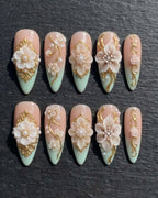 3D White Flower Gold Baroque Pearl Ombre Press-On Nails | Custom Press-On Nails | LuxepressCo