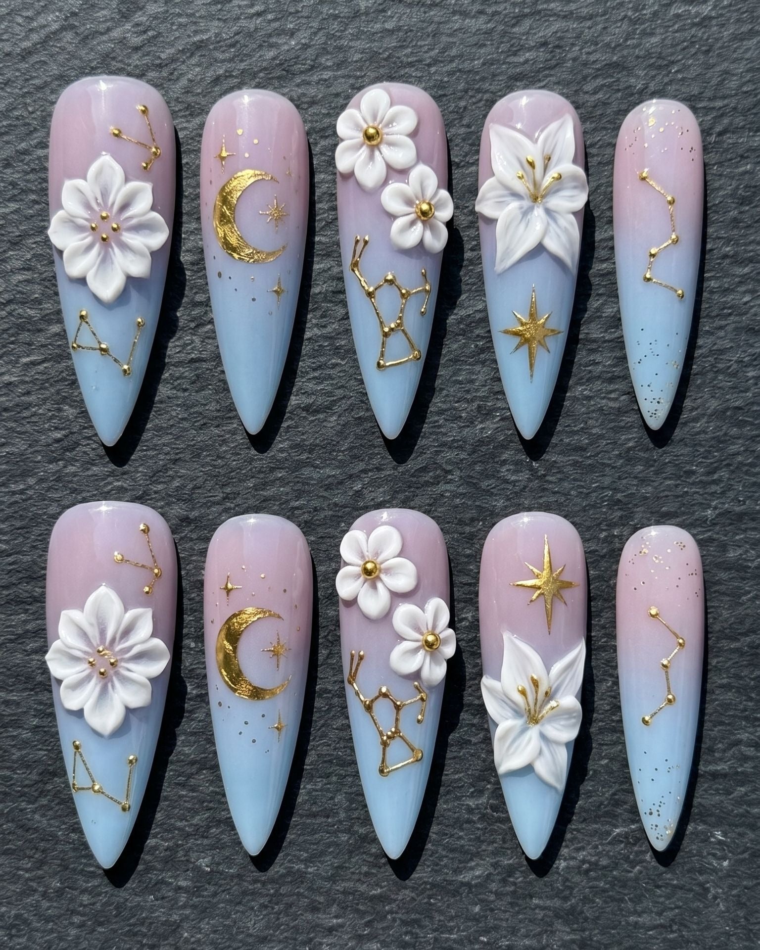 Celestial Bloom 3D Press-On Nails | Floral Moon Star Ombre | Custom Press-On Nails