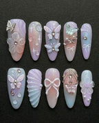 3D Butterfly & Rhinestone Press-On Nails | Lavender Purple Pastel | Custom Press-On Nails