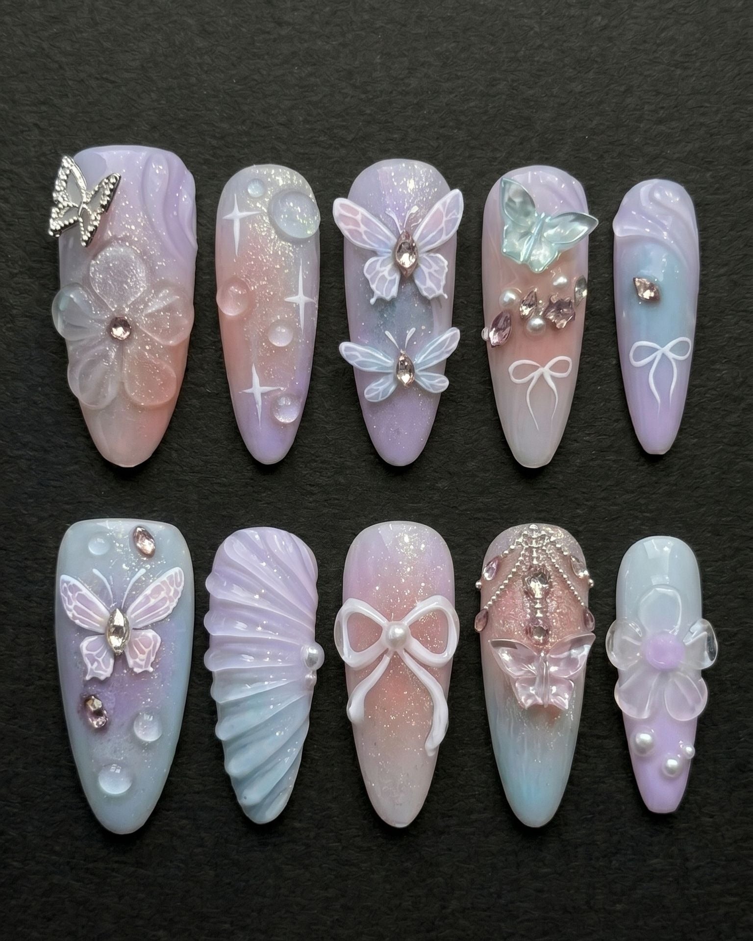 3D Butterfly & Rhinestone Press-On Nails | Lavender Purple Pastel | Custom Press-On Nails