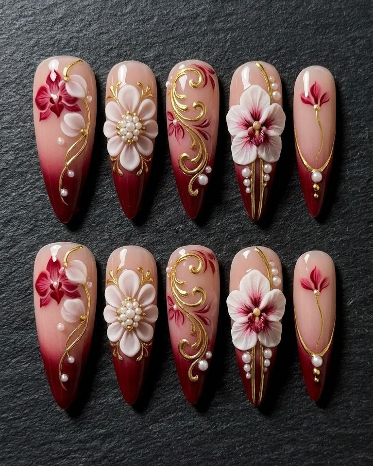 Burgundy 3D Floral Pearl Gold Filigree Press-On Nails | Custom Press-On Nails