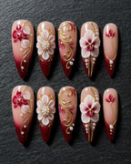 Burgundy 3D Floral Pearl Gold Filigree Press-On Nails | Custom Press-On Nails