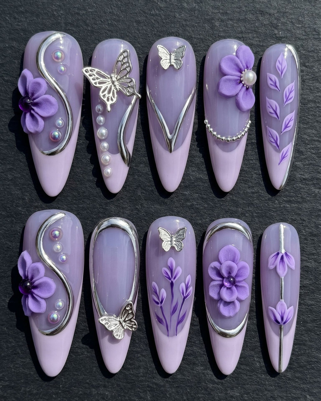 Purple 3D Butterfly & Floral Press-On Nails | Silver Chrome Pearl | Custom Press-On Nails | LuxepressCo