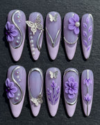 Purple 3D Butterfly & Floral Press-On Nails | Silver Chrome Pearl | Custom Press-On Nails | LuxepressCo