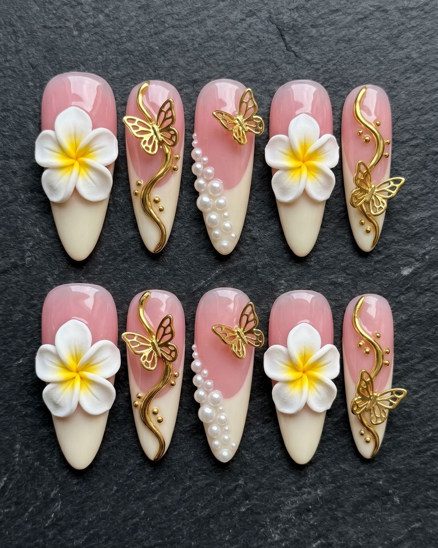 3D Plumeria Butterfly Press-On Nails | Pink Pearl Gold Floral Almond Nails | Custom Press-On Nails — LuxepressCo