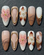 3D Floral Chrome Press-On Nails | Nude Brown Botanical Rhinestone | Custom Press-On Nails — LuxepressCo
