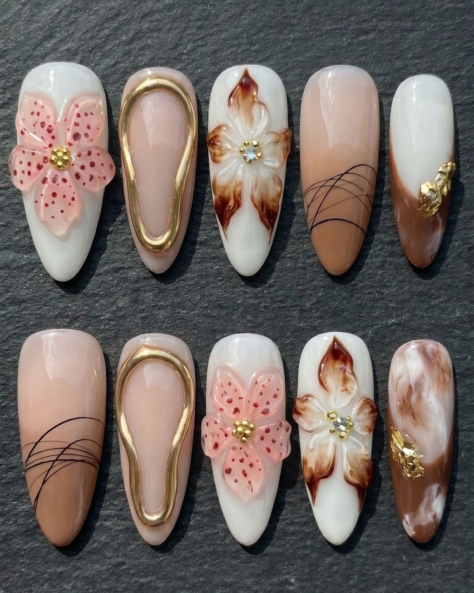 3D Floral Chrome Press-On Nails | Nude Brown Botanical Rhinestone | Custom Press-On Nails — LuxepressCo