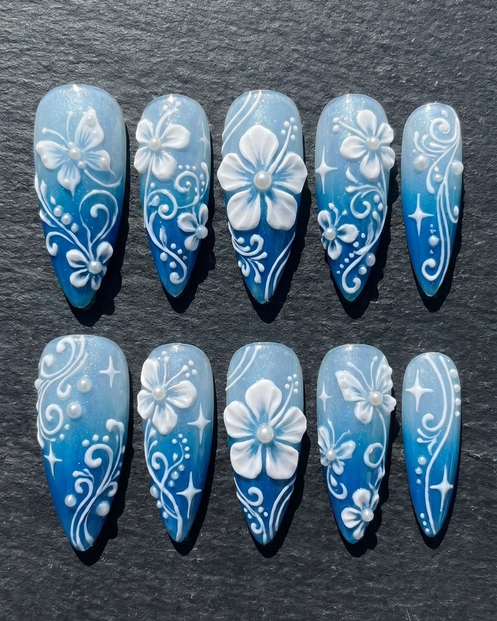 Blue Ombre 3D Floral Pearl Press-On Nails | Custom Press-On Nails