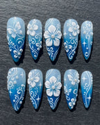 Blue Ombre 3D Floral Pearl Press-On Nails | Custom Press-On Nails