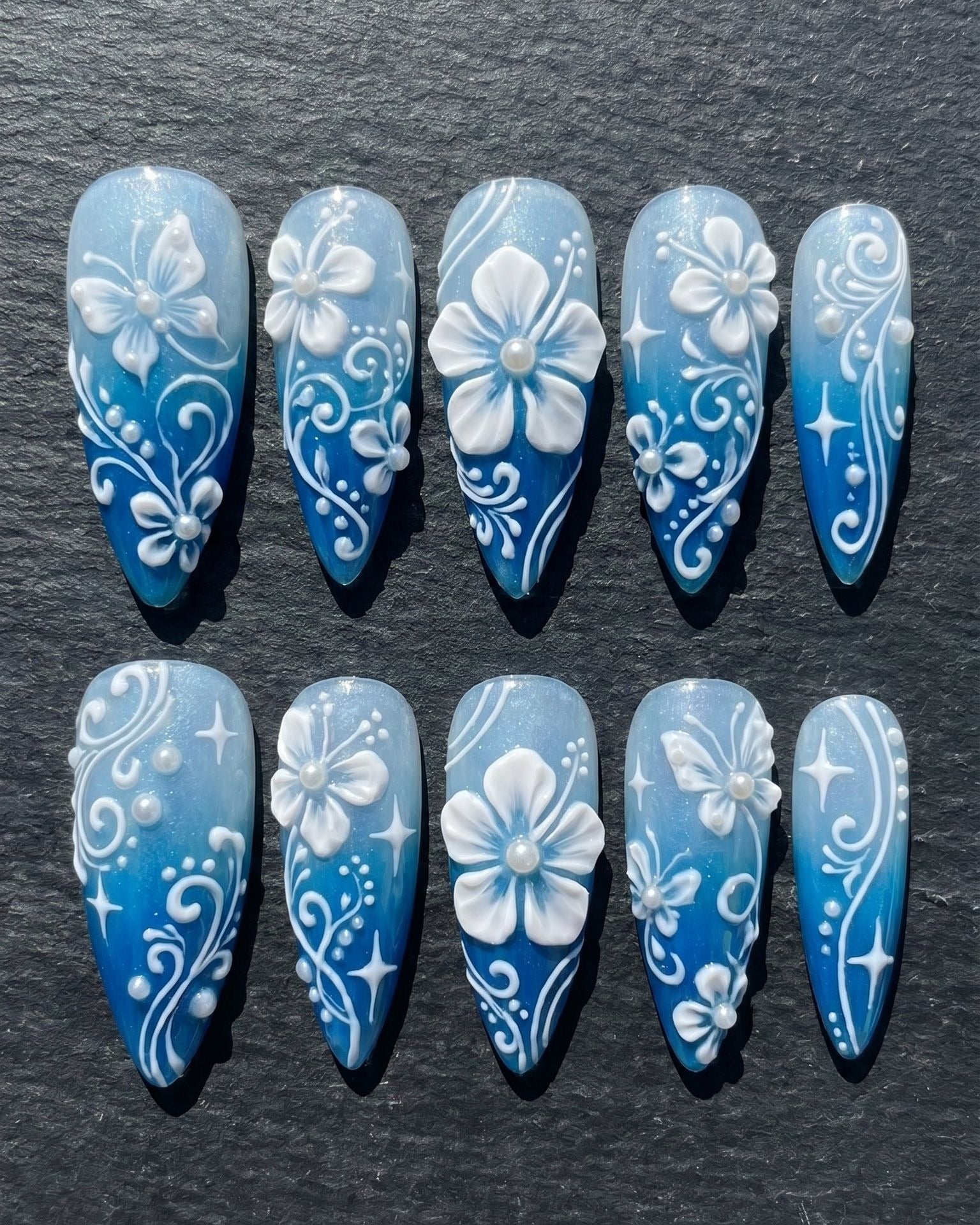 Blue Ombre 3D Floral Pearl Press-On Nails | Custom Press-On Nails