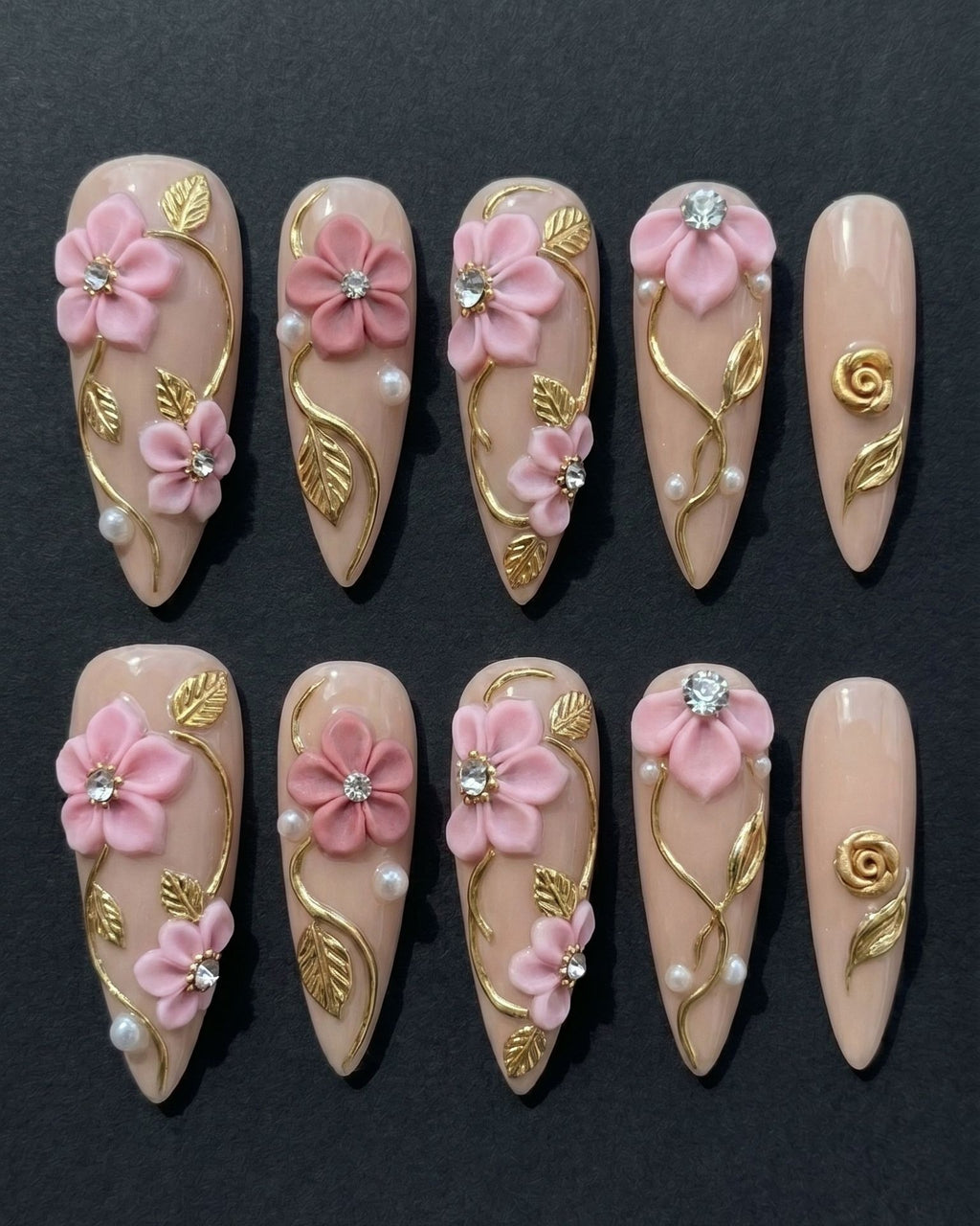 3D Pink Floral Gold Vine Rhinestone Pearl Stiletto Press-On Nails | Custom Press-On Nails