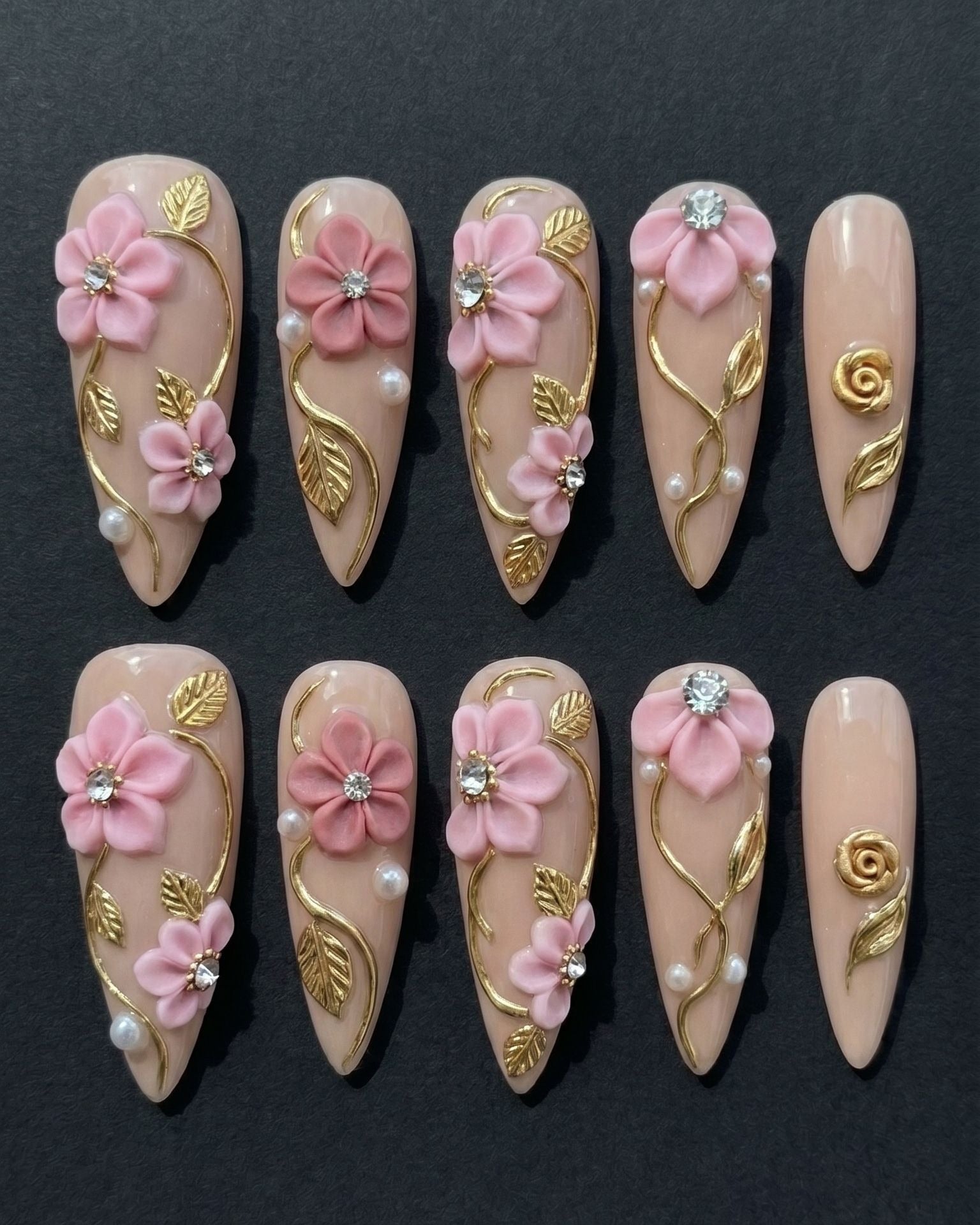 3D Pink Floral Gold Vine Rhinestone Pearl Stiletto Press-On Nails | Custom Press-On Nails
