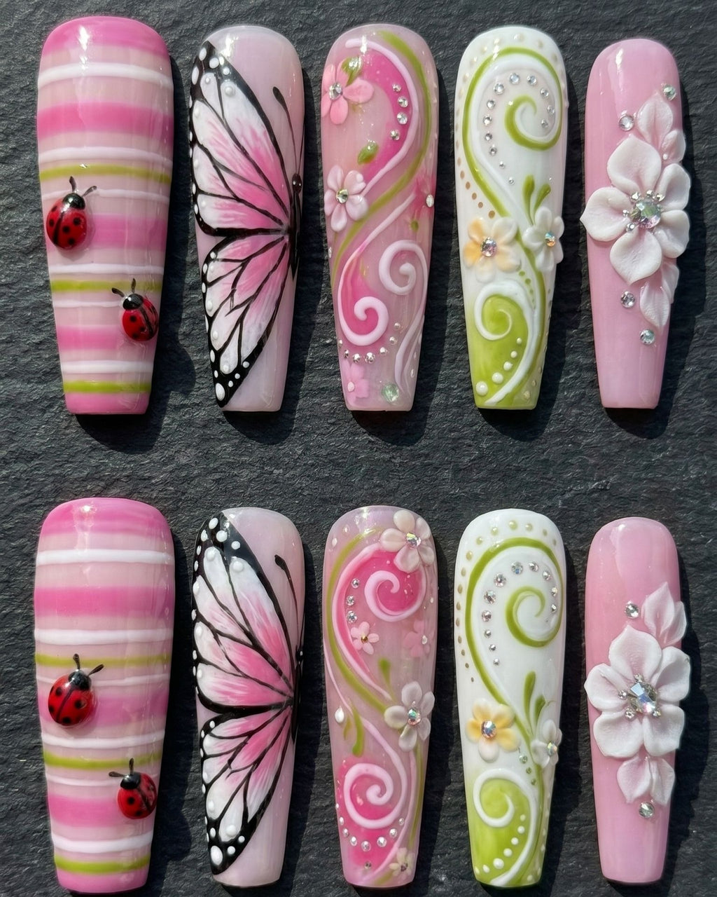 Spring Garden 3D Nail Art – Butterfly, Ladybug & Floral Press-On Nails | Custom Press-On Nails