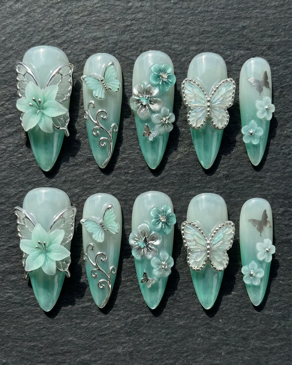 3D Butterfly & Flower Press-On Nails | Mint Green Stiletto | Custom Press-On Nails — LuxepressCo