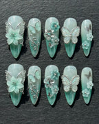 3D Butterfly & Flower Press-On Nails | Mint Green Stiletto | Custom Press-On Nails — LuxepressCo
