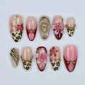 Leopard Blossom 3D Floral Press-On Nails | Burgundy & Nude Almond | Custom Press-On Nails | LuxepressCo