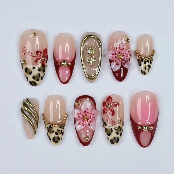 Leopard Blossom 3D Floral Press-On Nails | Burgundy & Nude Almond | Custom Press-On Nails | LuxepressCo
