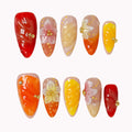 Sunset Bloom Jelly Press-On Nails | Almond Stiletto | Flame Swirl 3D Sakura | LuxepressCo