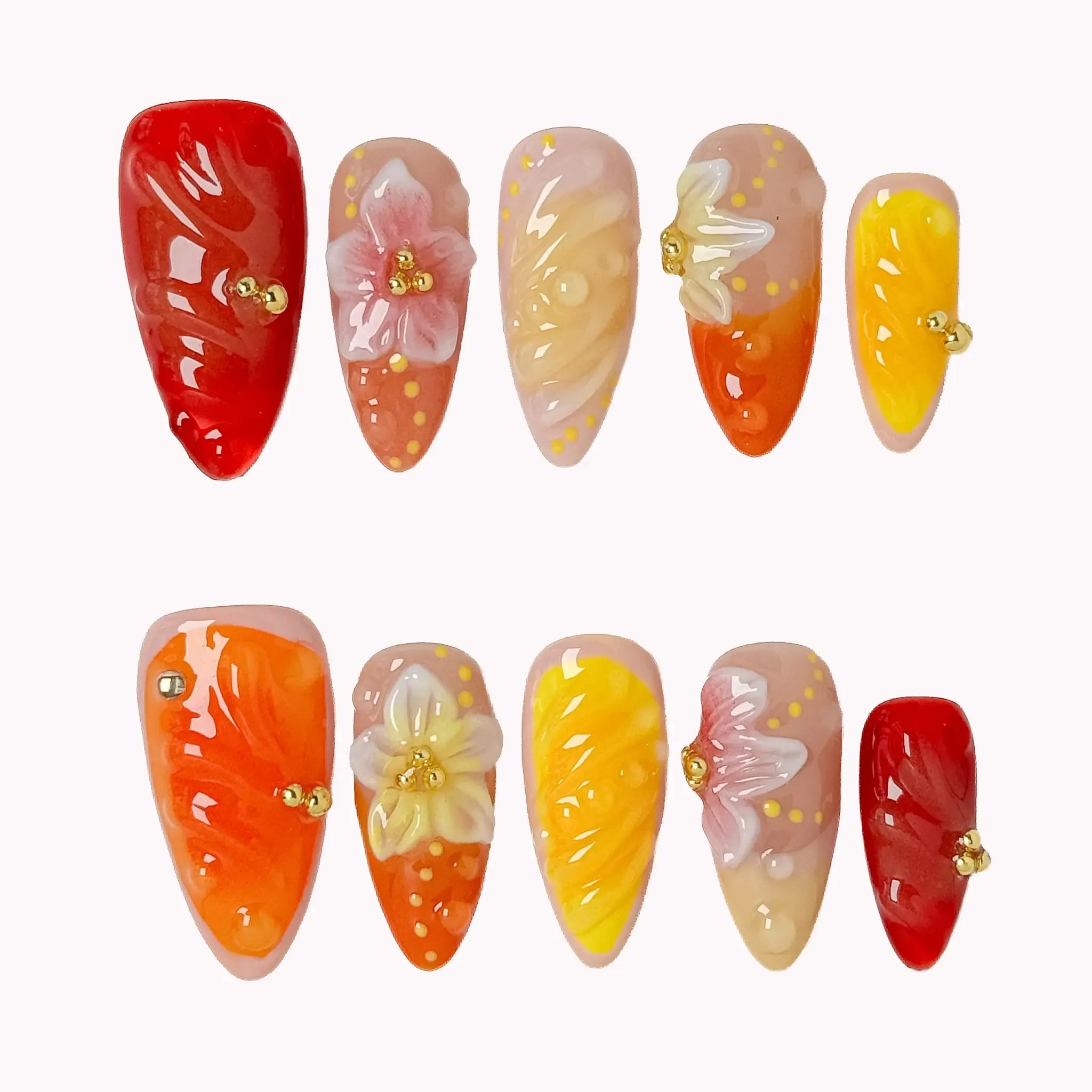 Sunset Bloom Jelly Press-On Nails | Almond Stiletto | Flame Swirl 3D Sakura | LuxepressCo