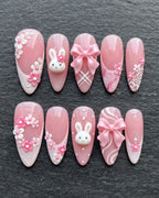 3D Bunny & Bow Pink Press-On Nails | Floral Lace Marble Almond | Custom Press-On Nails | LuxepressCo
