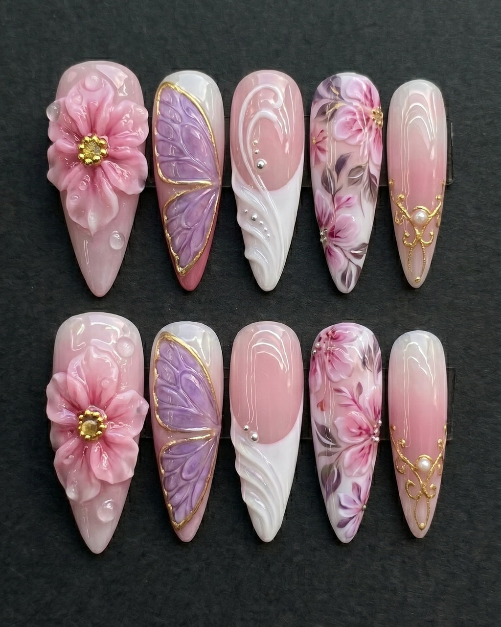 3D Floral & Butterfly Press-On Nails | Pink Purple Ombre | Custom Press-On Nails