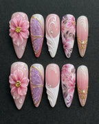 3D Floral & Butterfly Press-On Nails | Pink Purple Ombre | Custom Press-On Nails