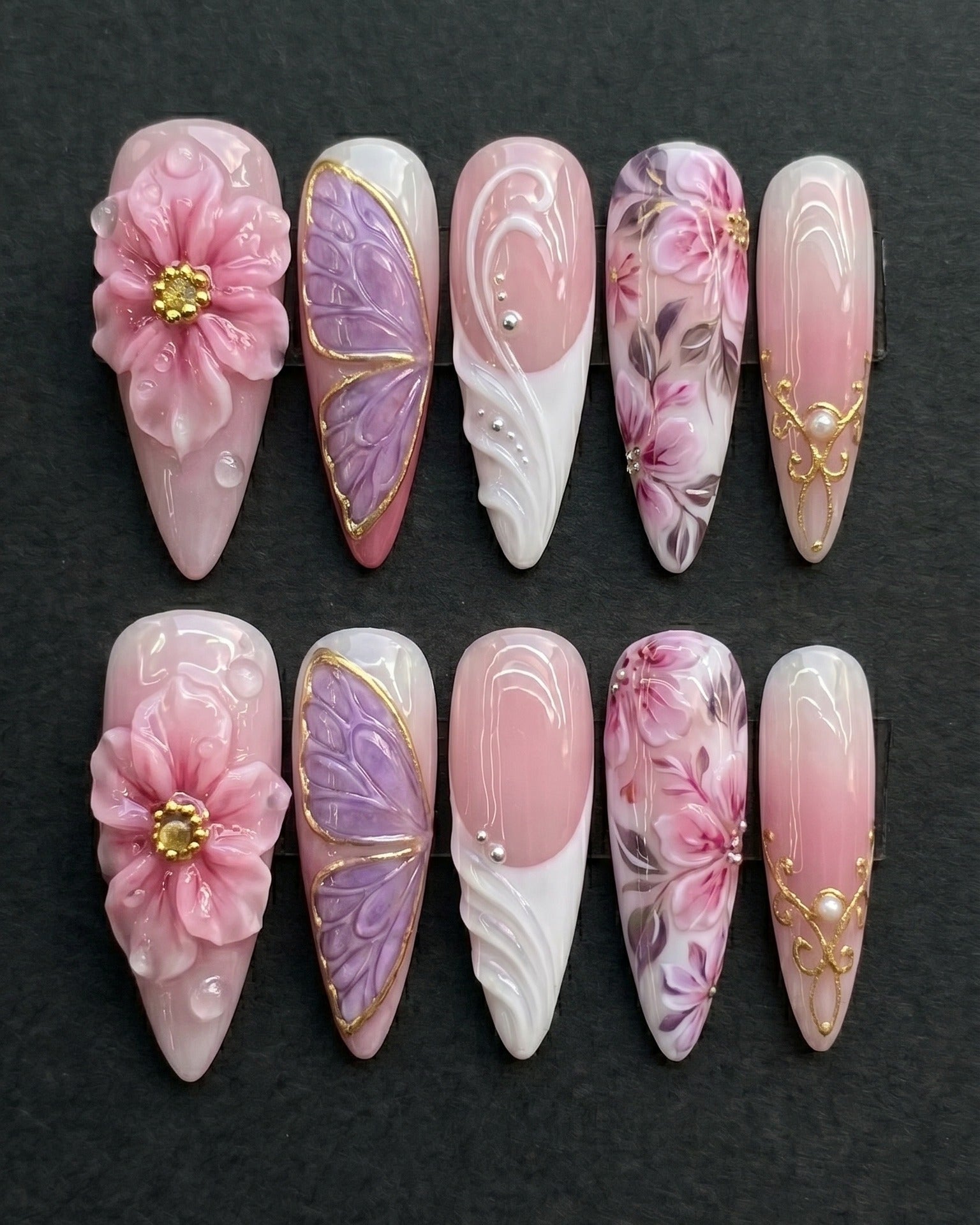 3D Floral & Butterfly Press-On Nails | Pink Purple Ombre | Custom Press-On Nails