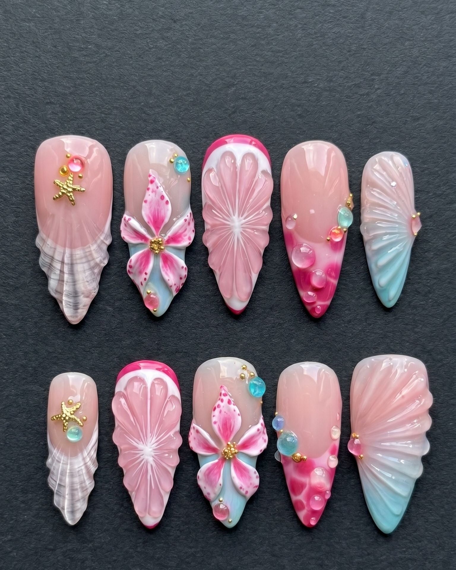 3D Flower Shell Press-On Nails | Mermaid Pearl Pink Ocean Nail Art | Custom Press-On Nails — LuxepressCo