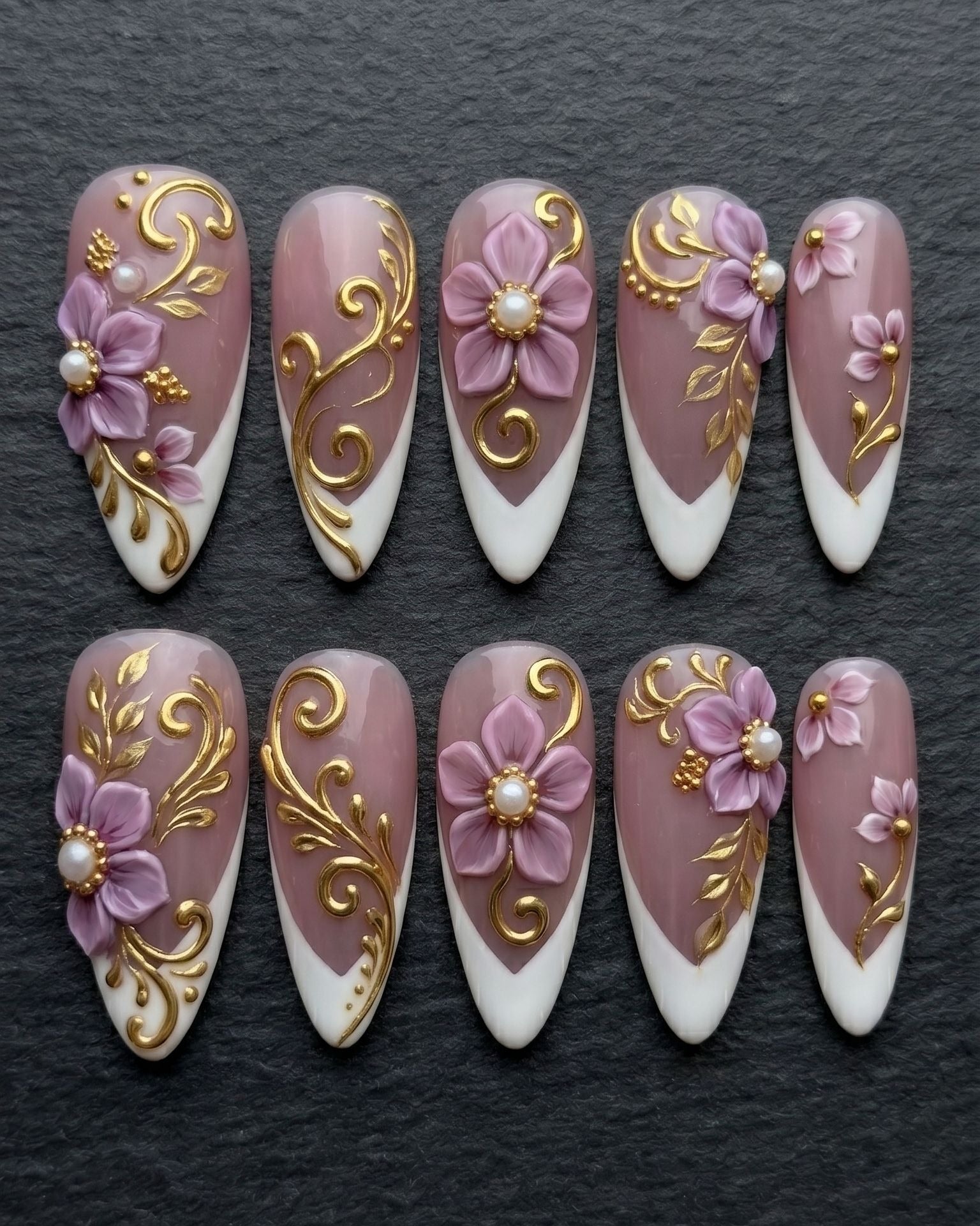 3D Floral Baroque Press-On Nails | Purple Gold Pearl Embellishment | Custom Press-On Nails | LuxepressCo