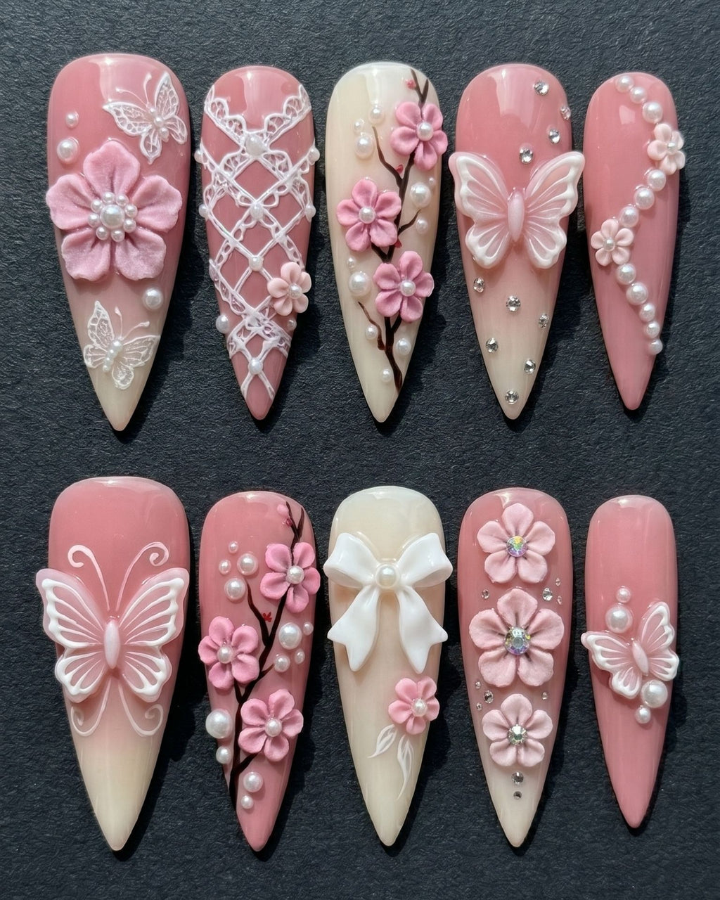 3D Cherry Blossom & Butterfly Press-On Nails | Pink Pearl Floral Stiletto | Custom Press-On Nails — LuxepressCo